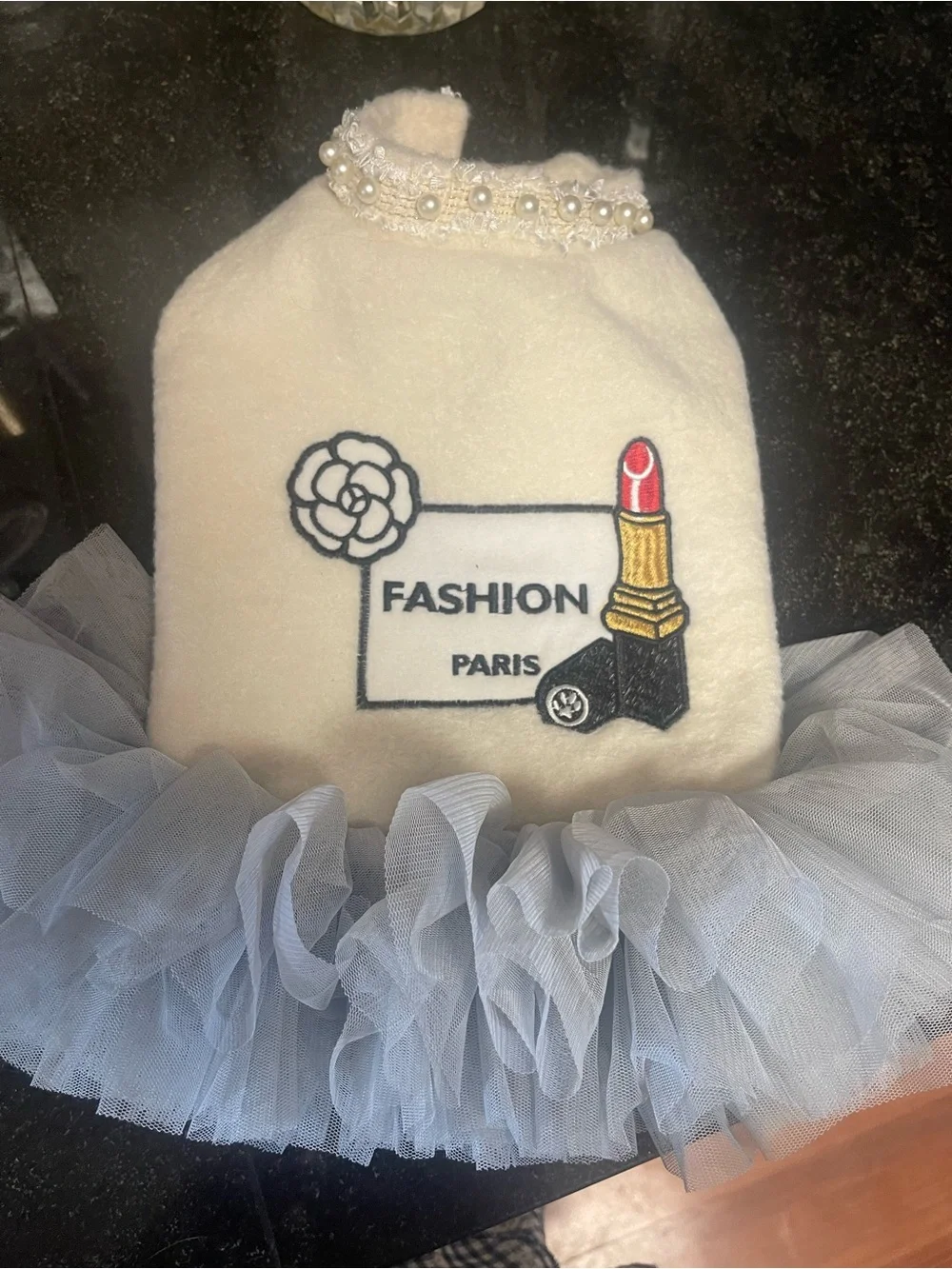 Pearl-Embellished Cream Dog Dress with Gray Tulle Skirt